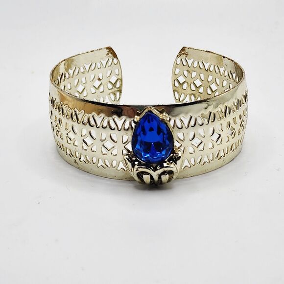 Vintage Gold Tone Royal Blue Glass Filigree Adjustable Bangle Cuff Bracelet - Picture 1 of 5